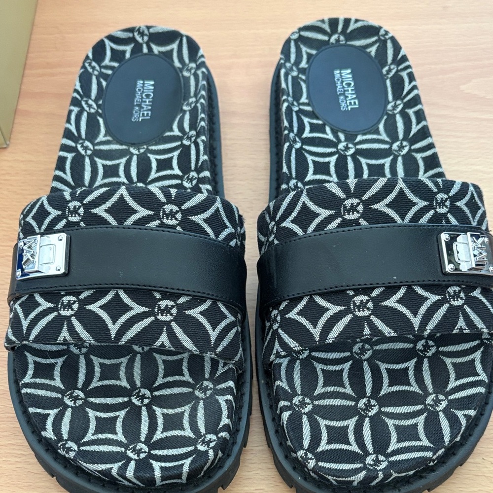 MICHAEL Michael Kors Black & White Geometric Slide Sandals